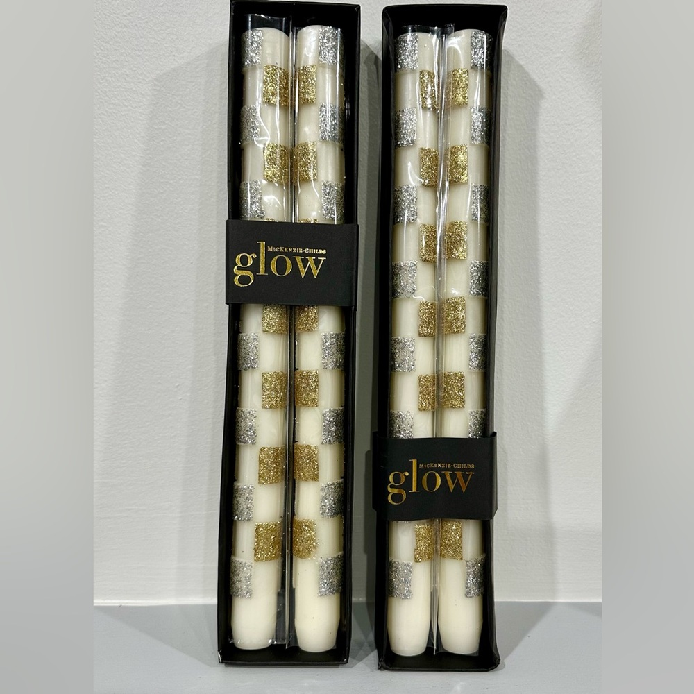 Mackenzie Childs Table Gold & Solver Tall Skinny Candles Set of 4 NEW
